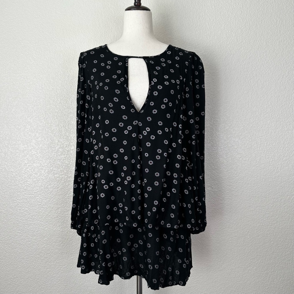 Free People Black Beck Print Keyhole Long Sleeves Tunic Mini Dress, Size XS - Picture 2 of 13